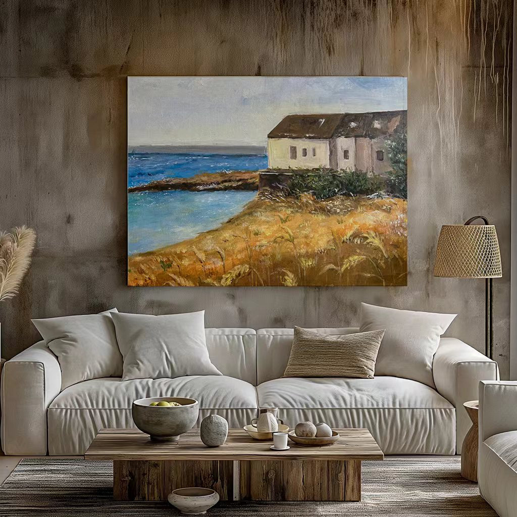 Quiet Seaside Cottage Handmade Oil Painting